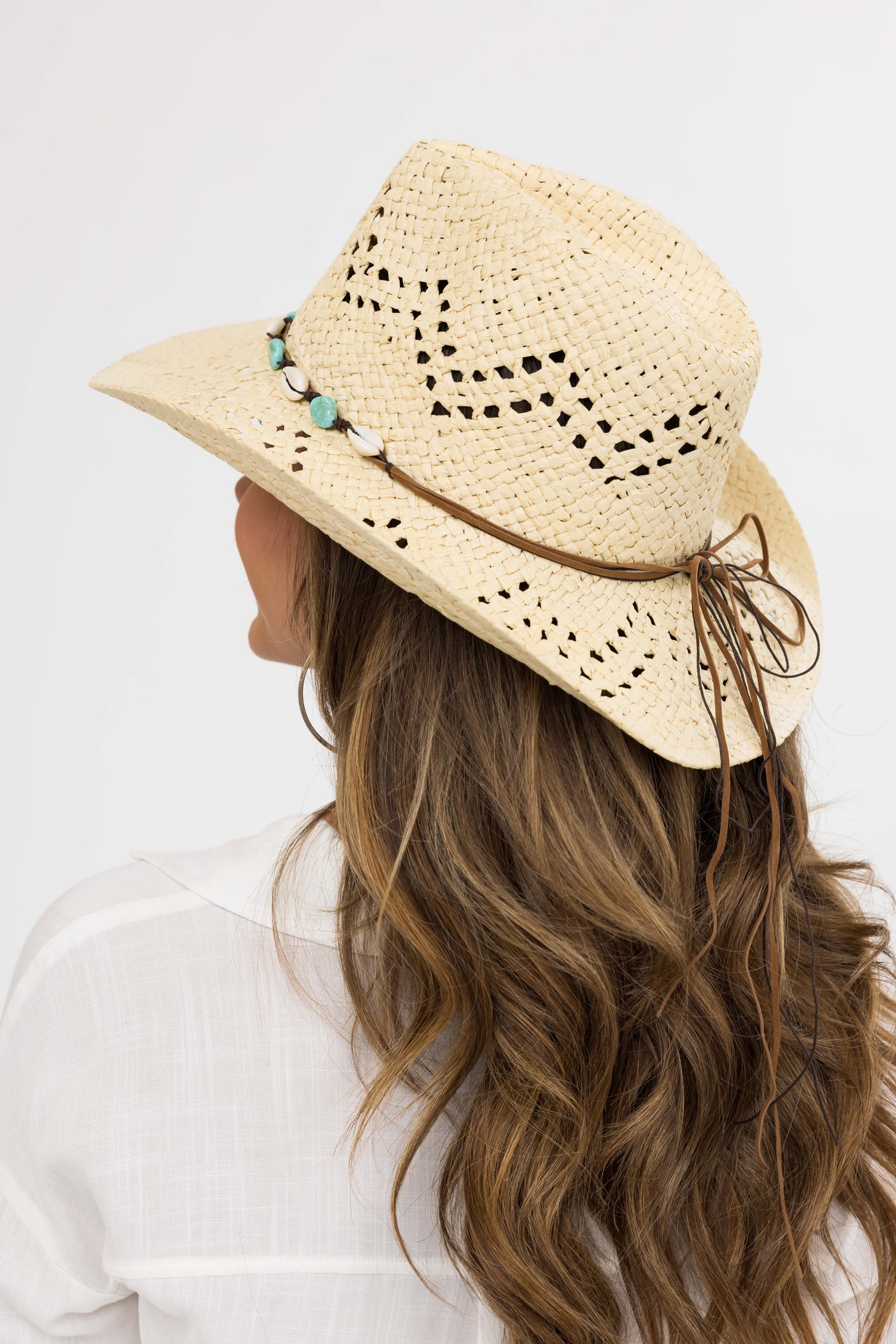 Ivory Shell and Stone Strap Straw Hat