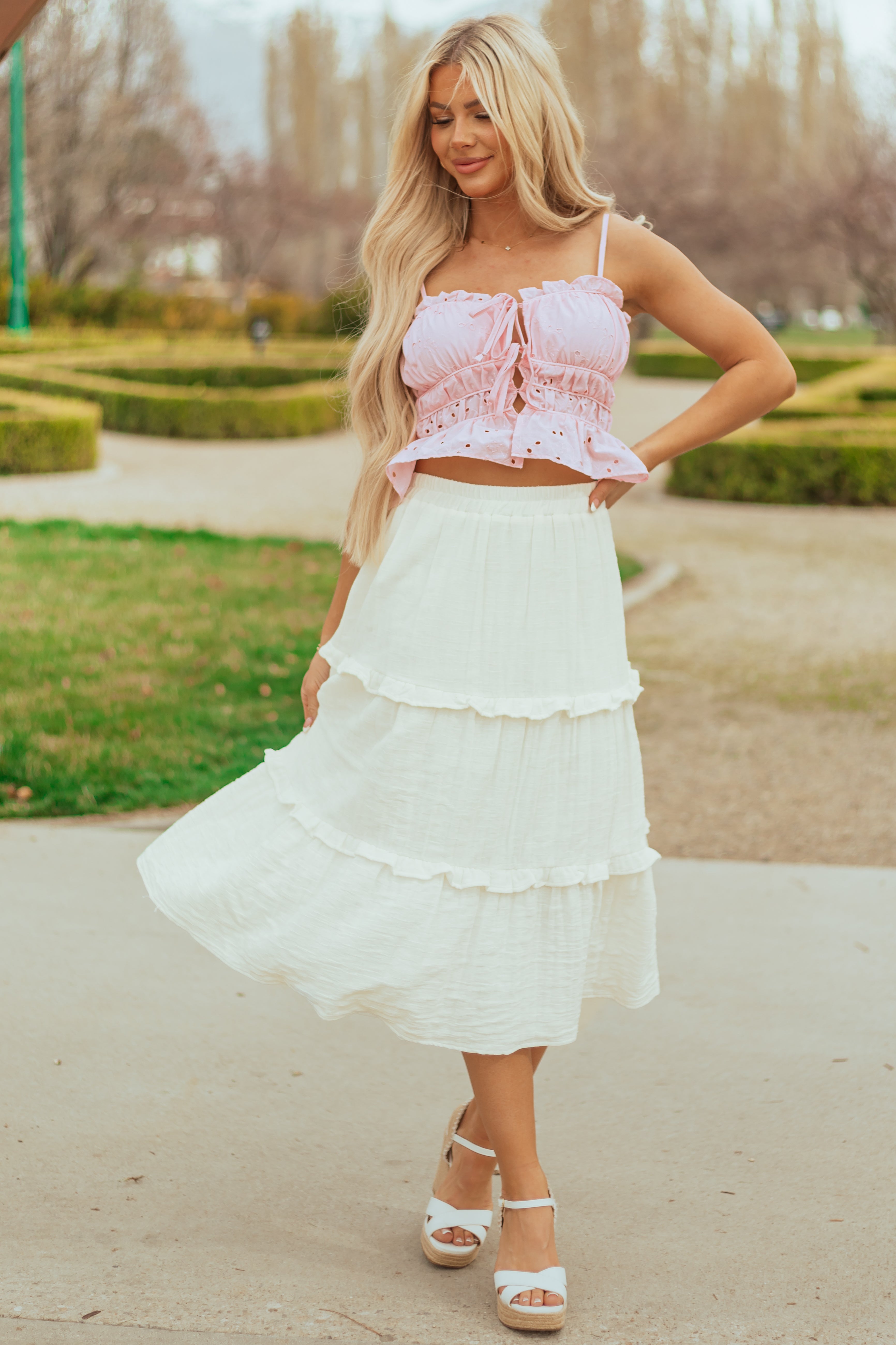 Ivory Tiered Frill Smocked Waist Midi Skirt | Lime Lush Boutique