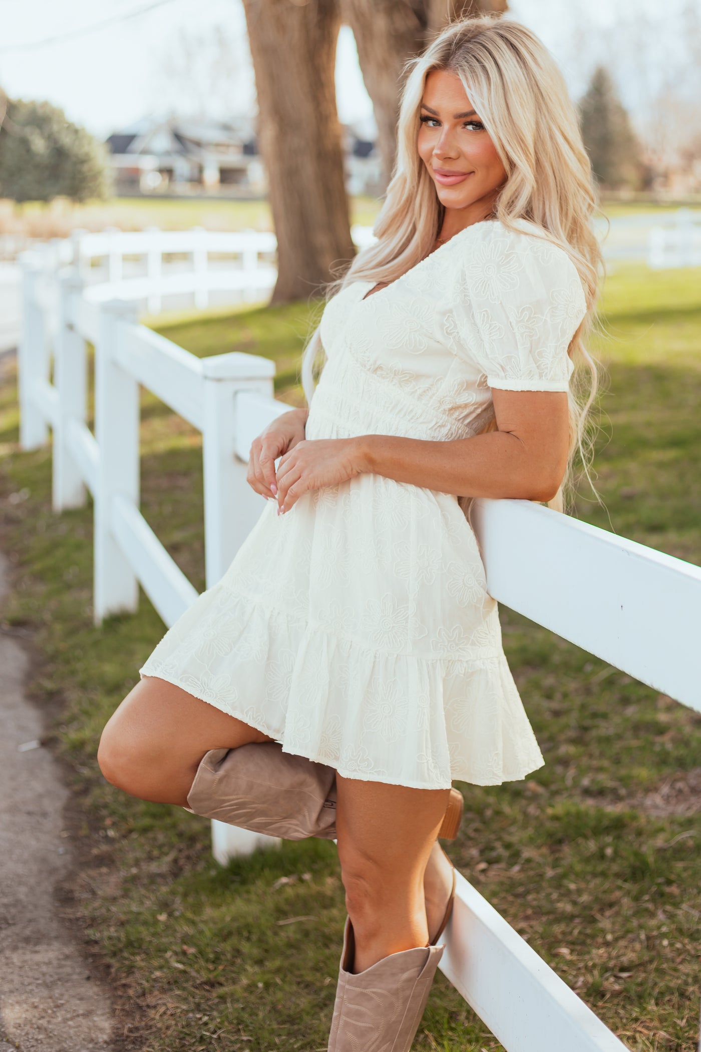 Ivory V Neck Floral Embroidered Mini Dress Ivory V Neck Floral Embroidered Mini Dress