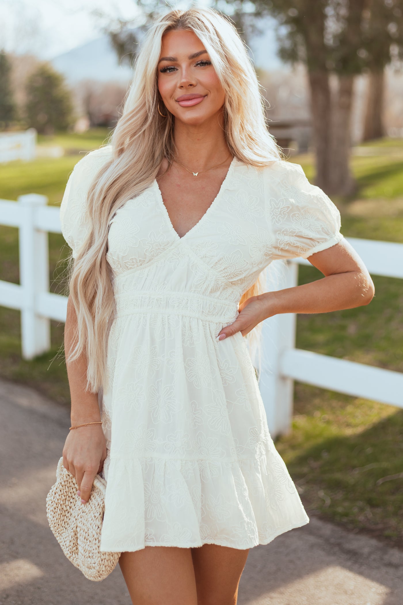 Ivory V Neck Floral Embroidered Mini Dress Ivory V Neck Floral Embroidered Mini Dress