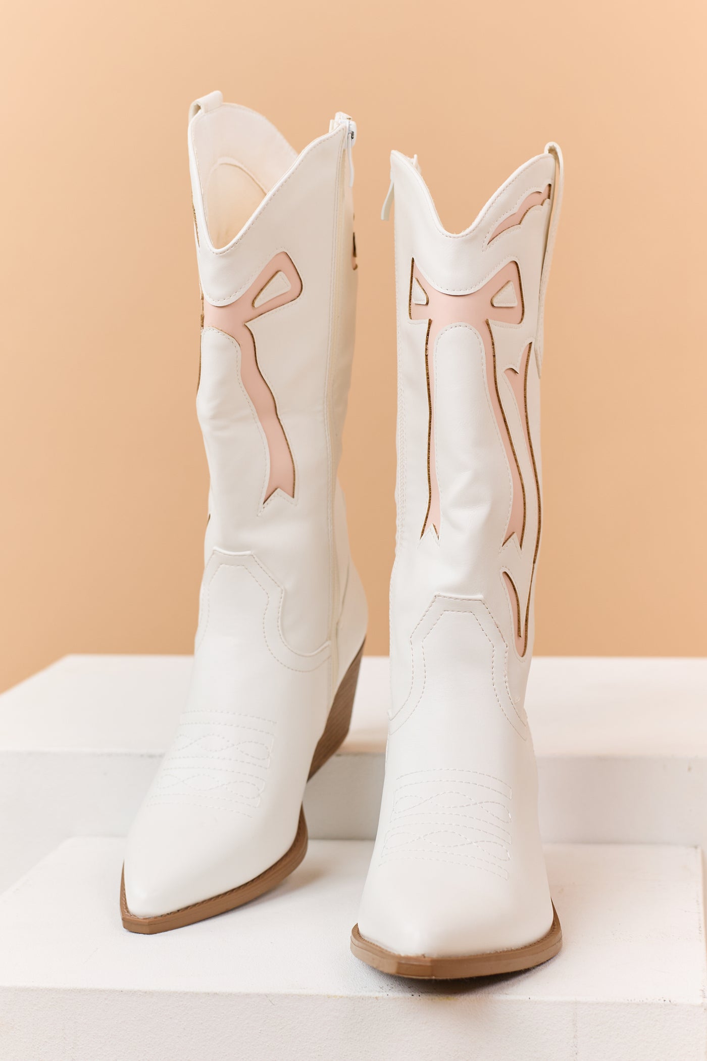 Ivory and Blush Faux Leather Western Style Boots