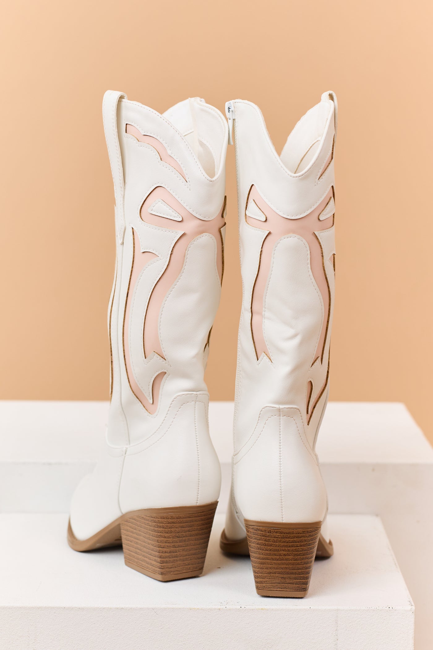 Ivory and Blush Faux Leather Western Style Boots