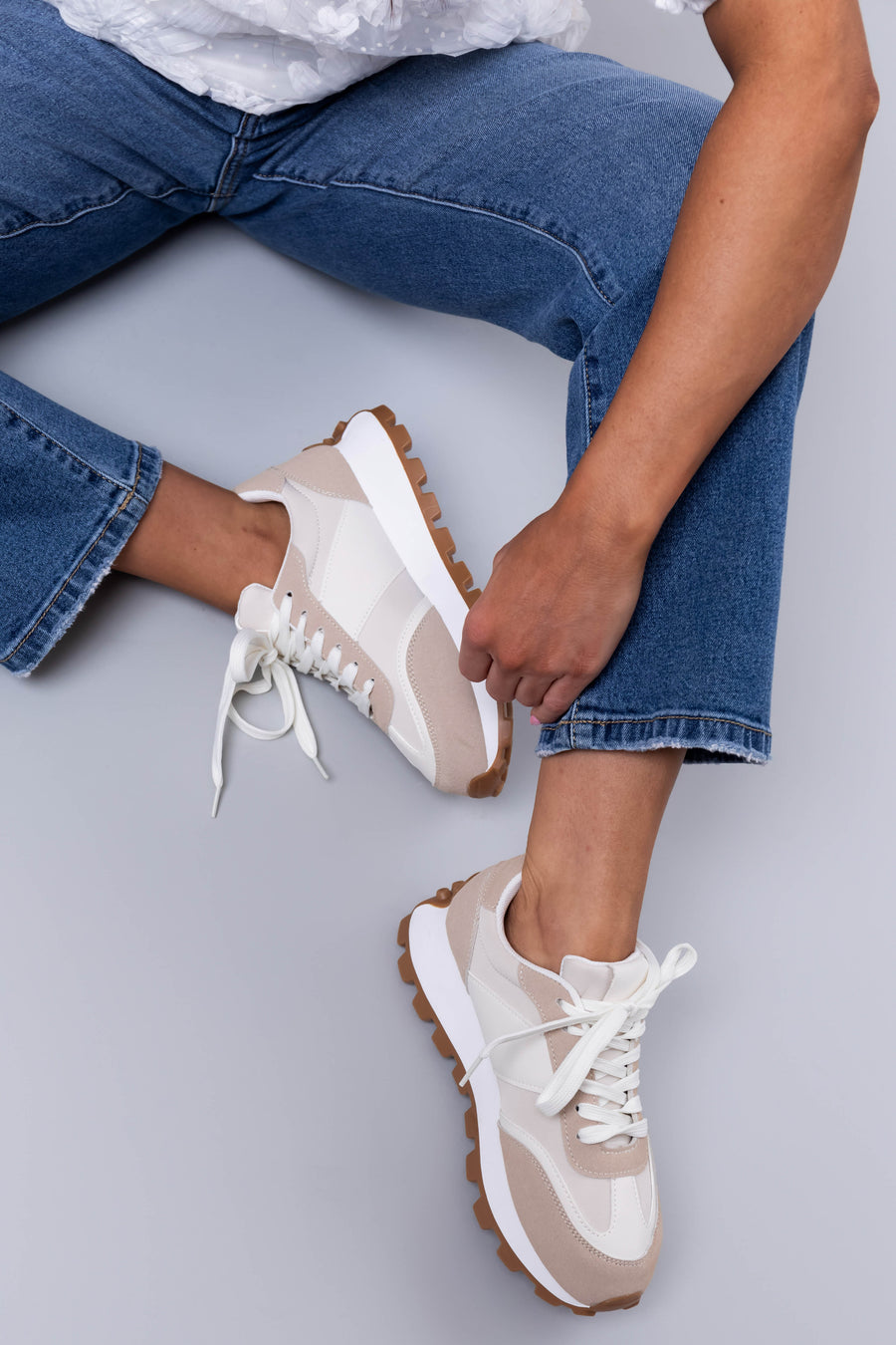 Ivory and Coconut Colorblock Lace Up Sneakers