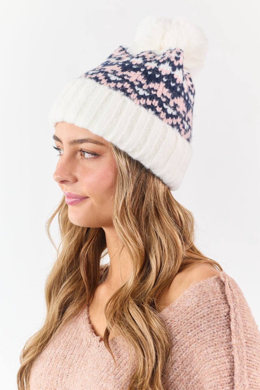 Ivory and Navy Fair Isle Pattern Pom Pom Beanie