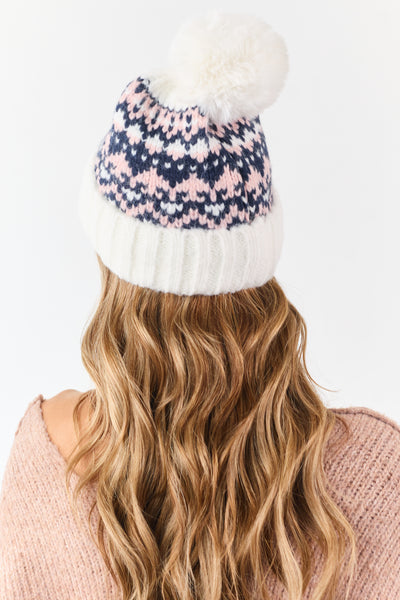 Ivory and Navy Fair Isle Pattern Pom Pom Beanie