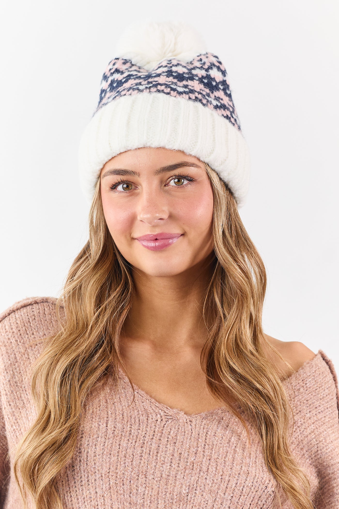 Ivory and Navy Fair Isle Pattern Pom Pom Beanie