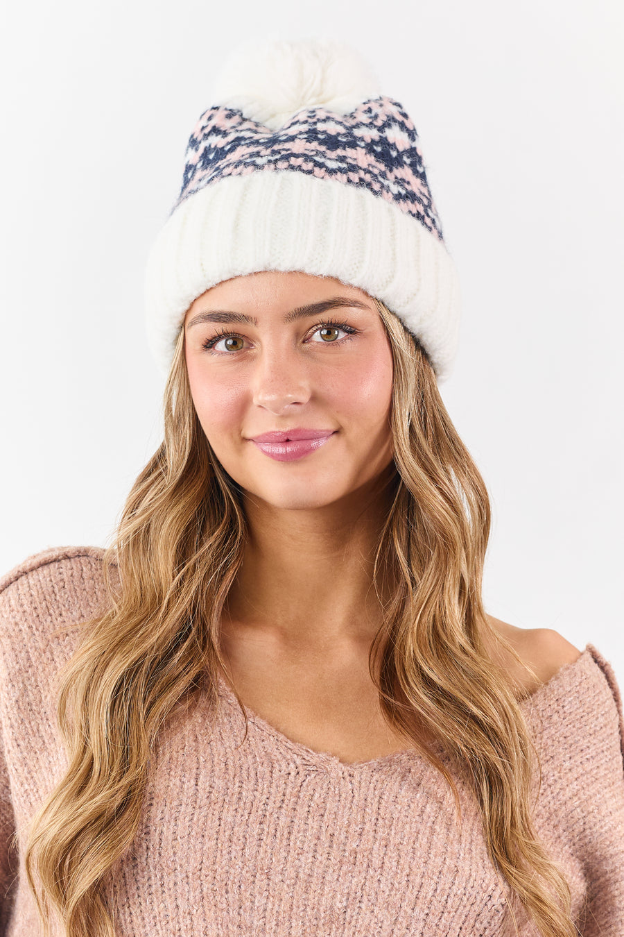 Ivory and Navy Fair Isle Pattern Pom Pom Beanie
