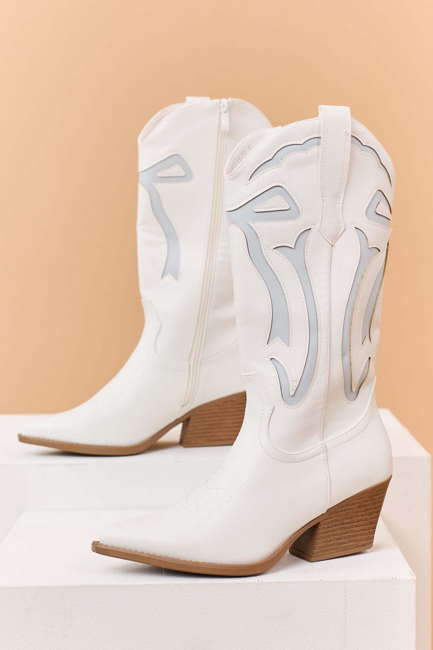 Ivory and Powder Blue Faux Leather Western Style Boots