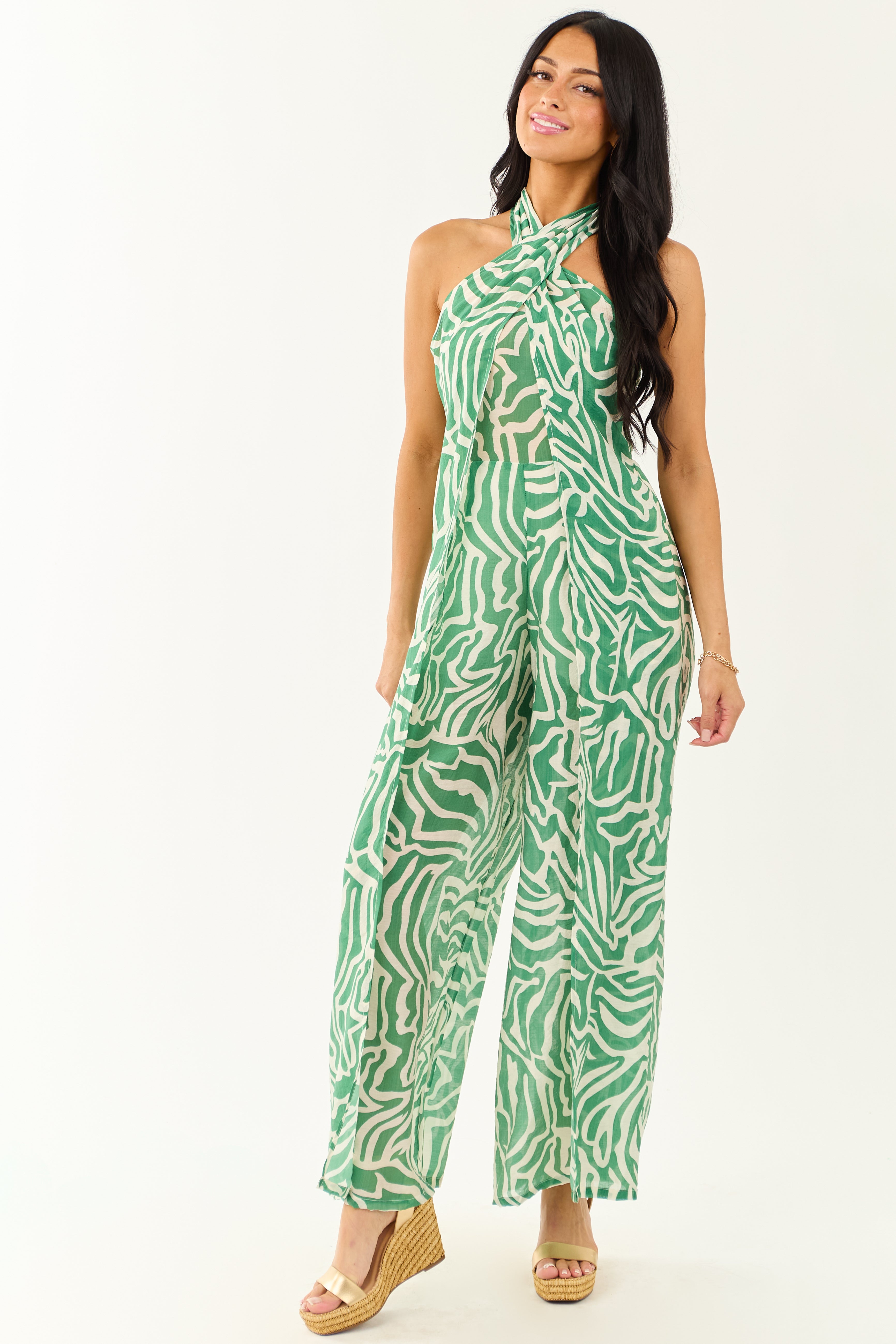 Jade Abstract Convertible Halter Wide Leg Jumpsuit