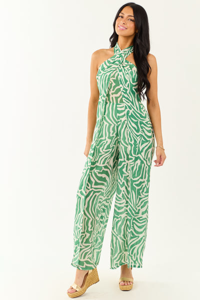 Jade Abstract Convertible Halter Wide Leg Jumpsuit