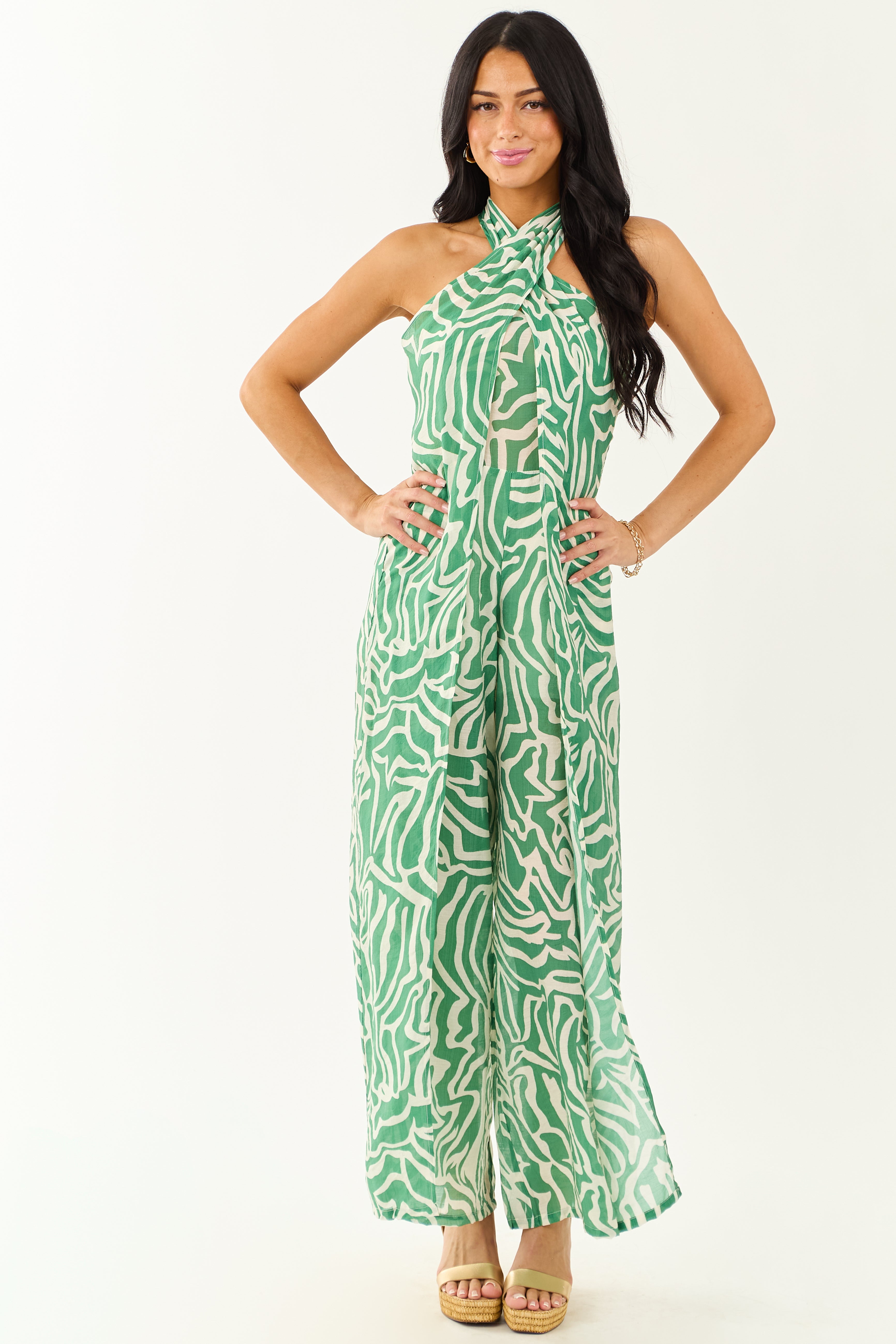 Jade Abstract Convertible Halter Wide Leg Jumpsuit | Lime Lush