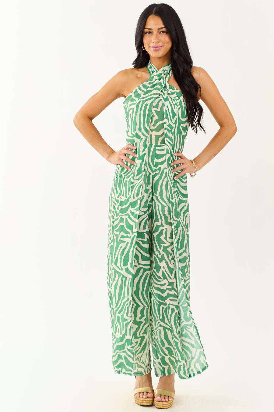 Jade Abstract Convertible Halter Wide Leg Jumpsuit | Lime Lush Boutique