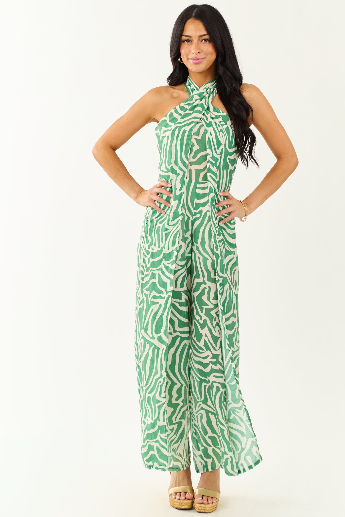 Jade Abstract Convertible Halter Wide Leg Jumpsuit