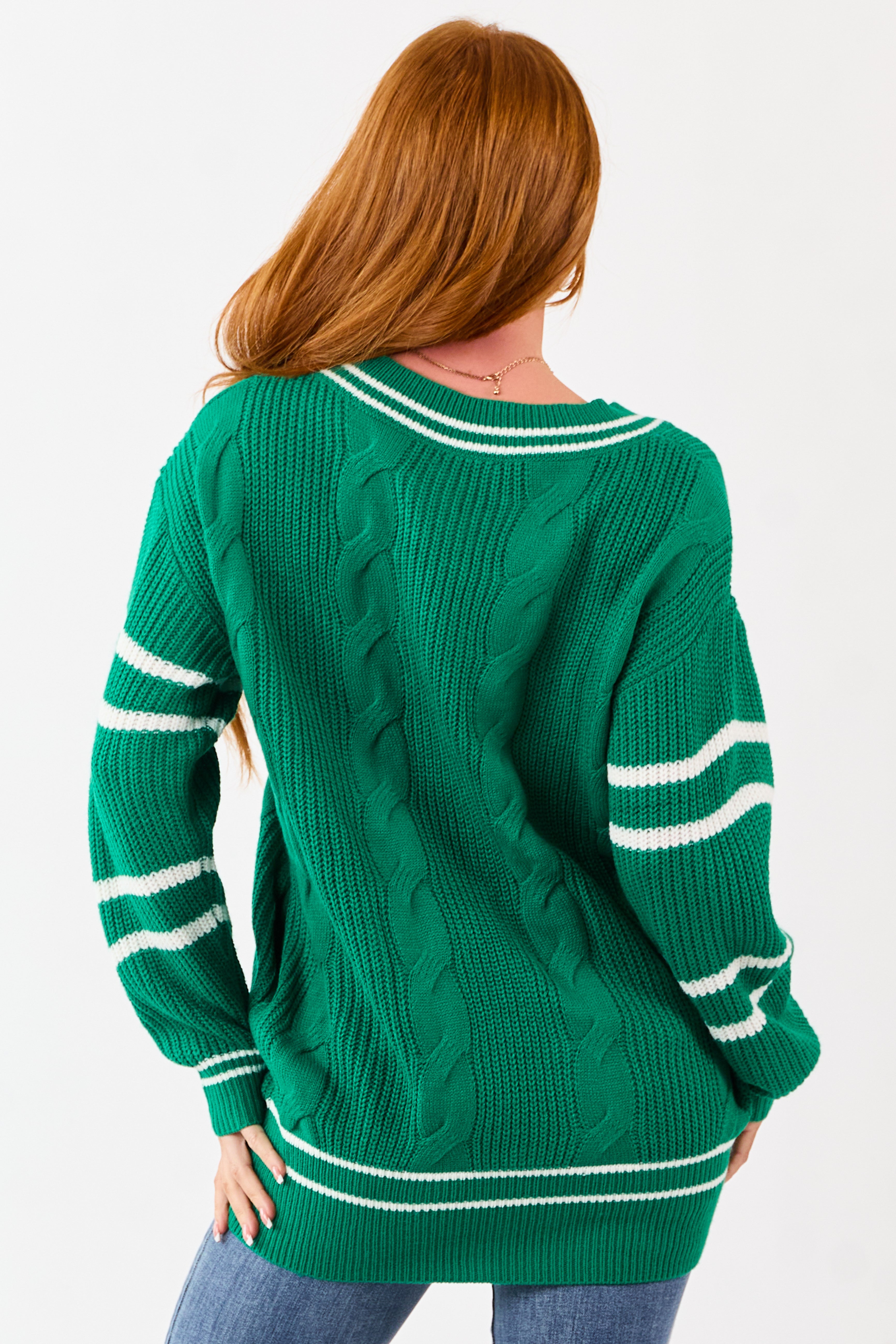 Jade Cable Knit Striped V-Neck Sweater