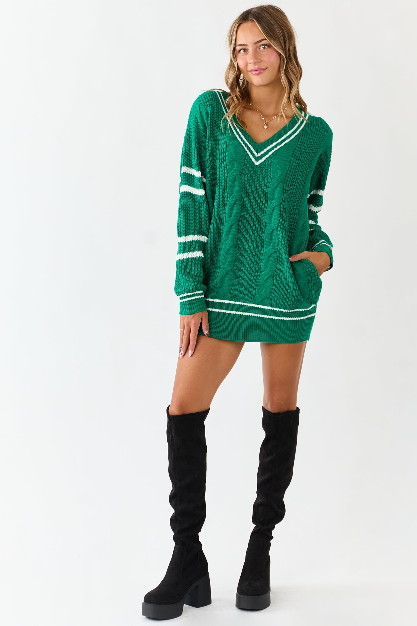 Jade Cable Knit Striped V-Neck Sweater