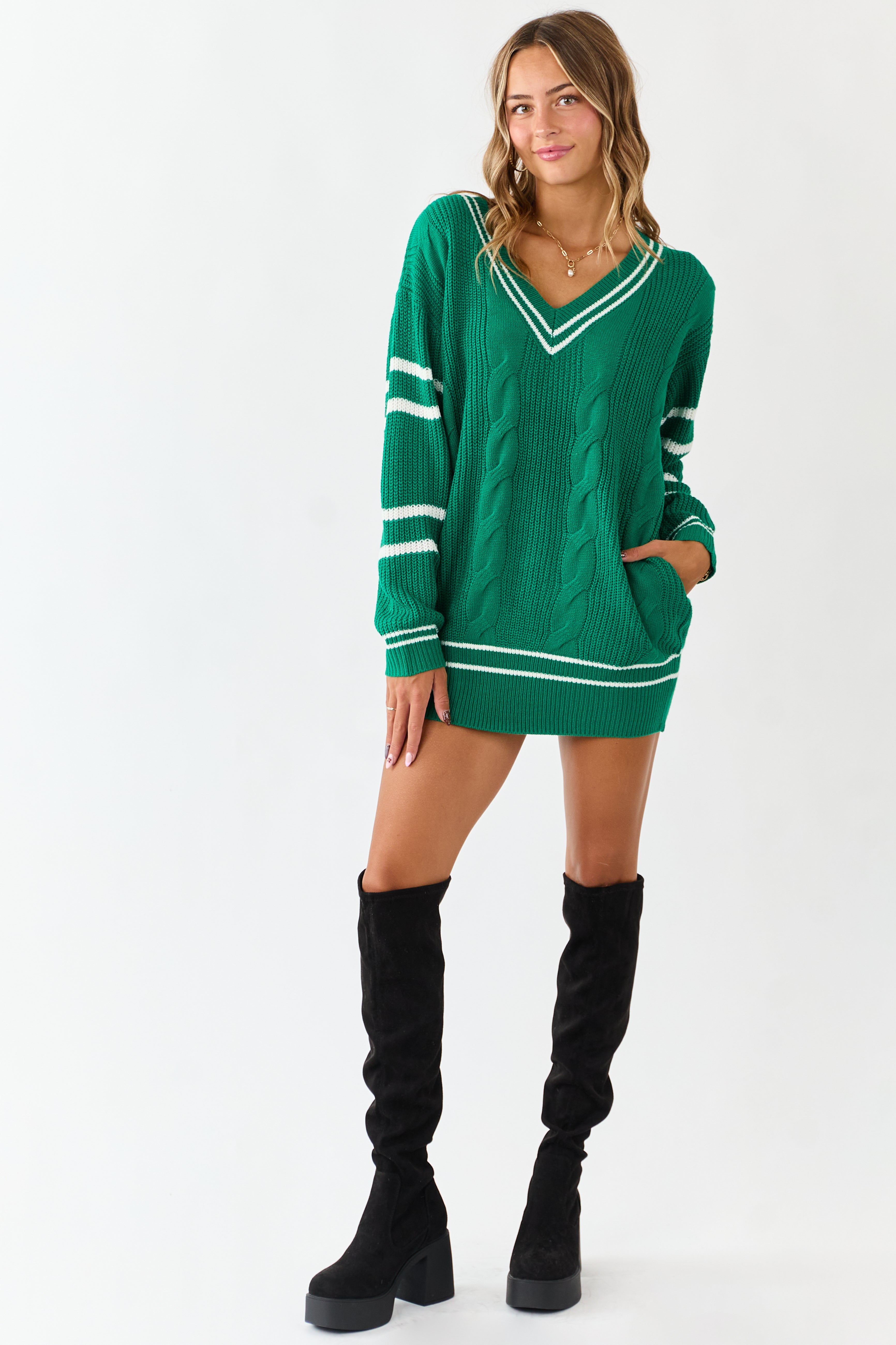 Jade Cable Knit Striped V-Neck Sweater