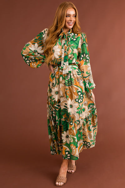 Jade Floral Print Belted Waist Midi Dress