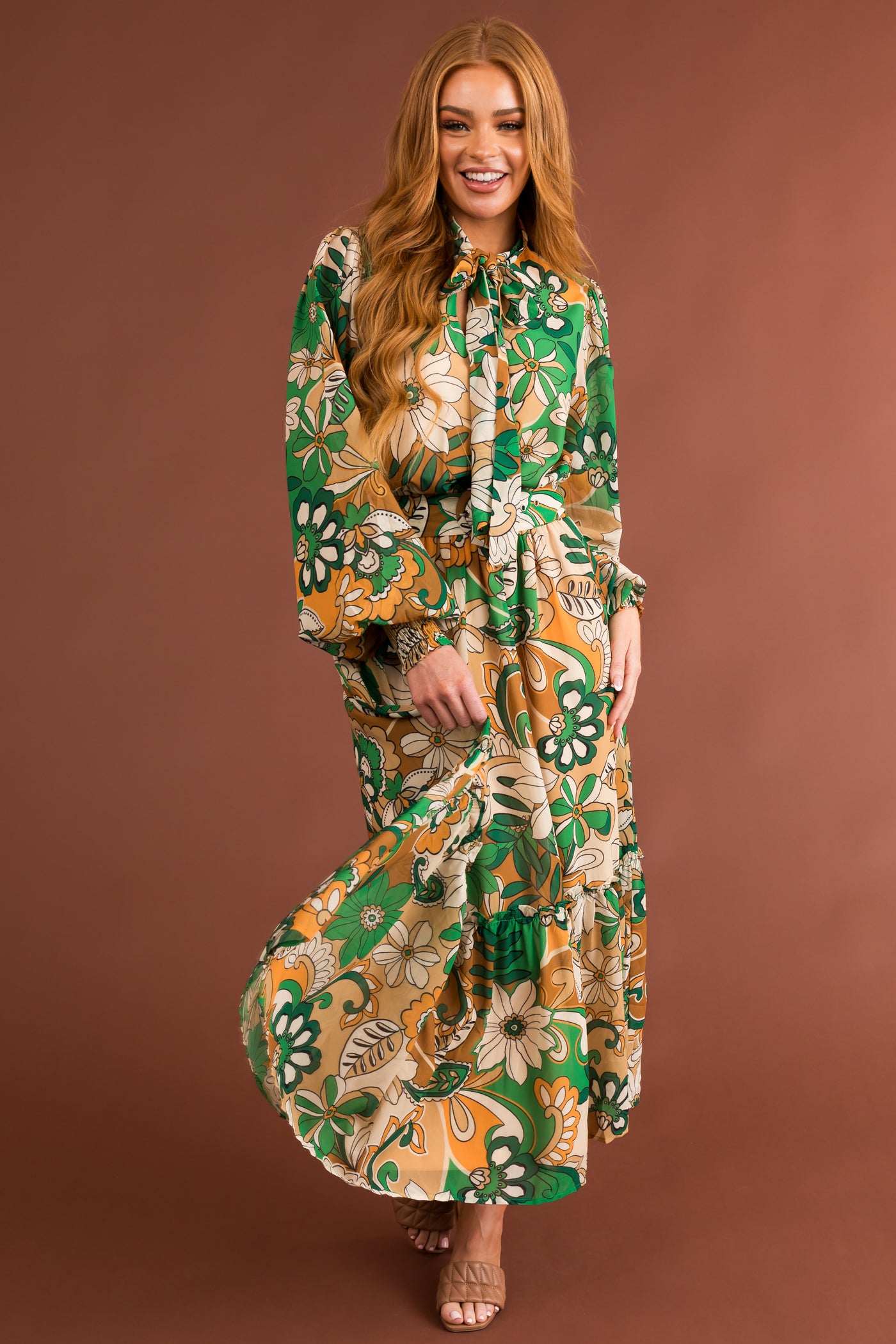 Jade Floral Print Belted Waist Midi Dress