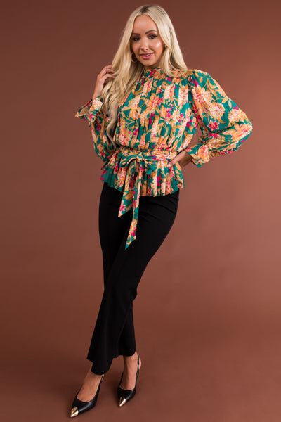 Jade Floral Print Long Sleeve Pleated Blouse