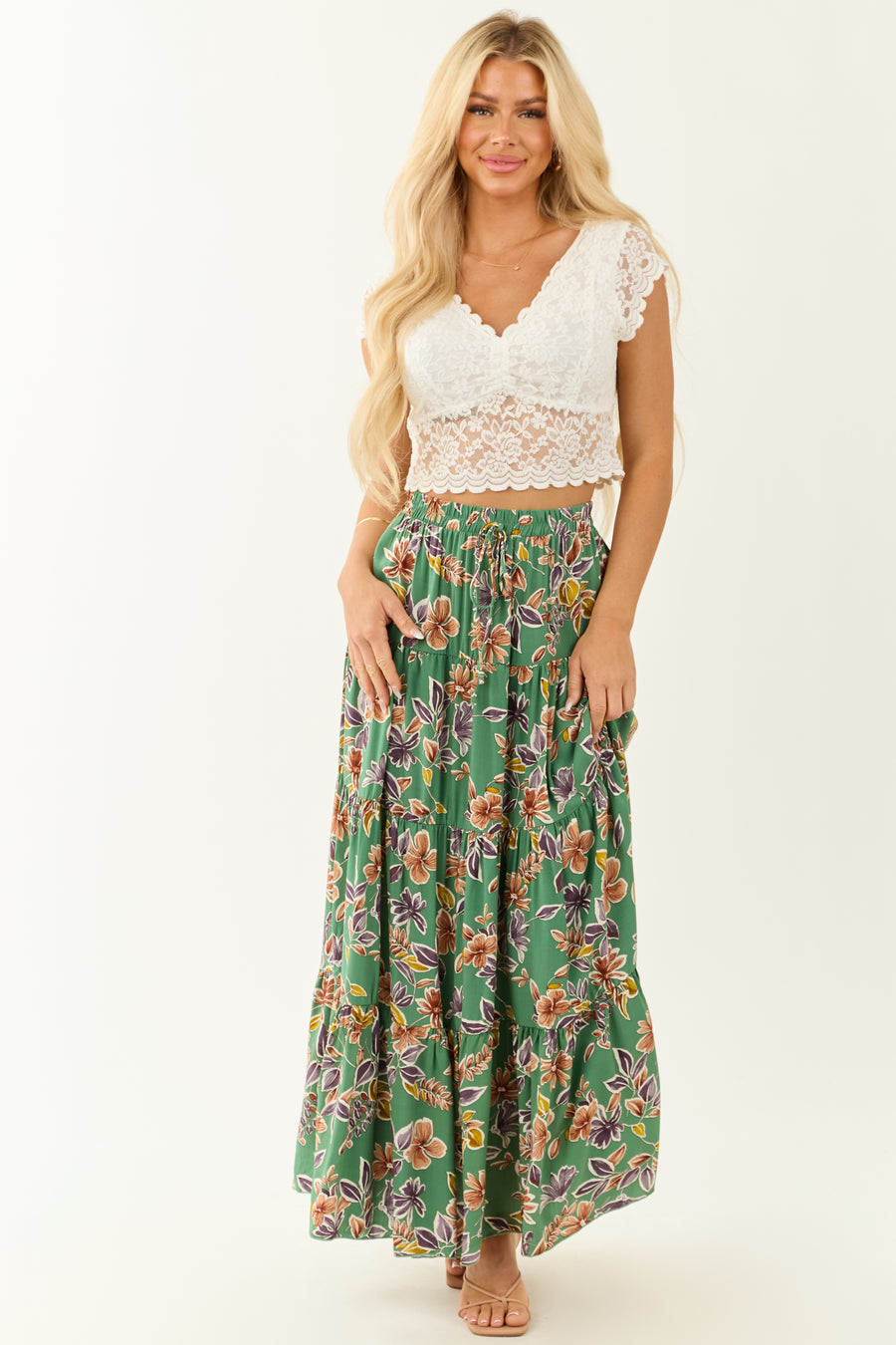 Jade Floral Print Tiered Flowy Maxi Skirt