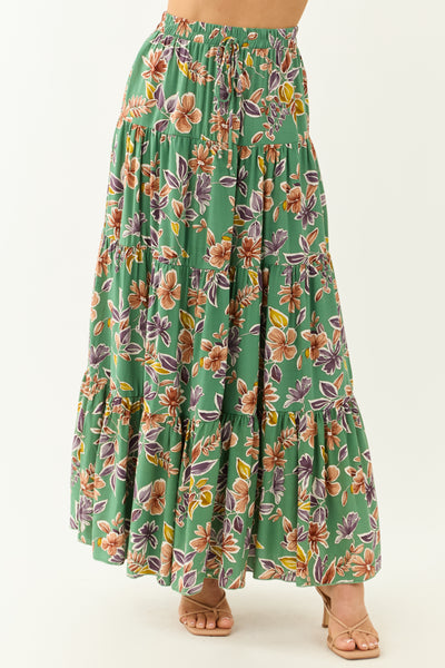 Jade Floral Print Tiered Flowy Maxi Skirt