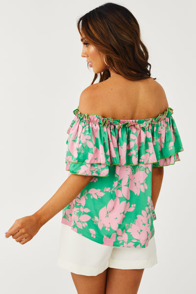 Jade Floral Ruffle Off Shoulder Satin Blouse
