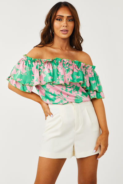 Jade Floral Ruffle Off Shoulder Satin Blouse