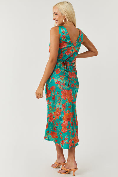 Jade Floral Sleeveless V Neck Satin Midi Dress