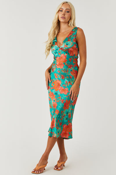 Jade Floral Sleeveless V Neck Satin Midi Dress