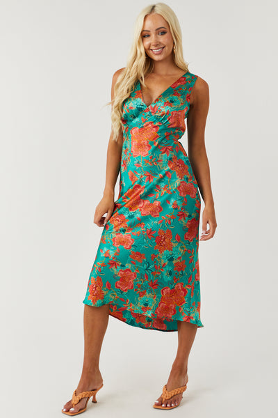 Jade Floral Sleeveless V Neck Satin Midi Dress
