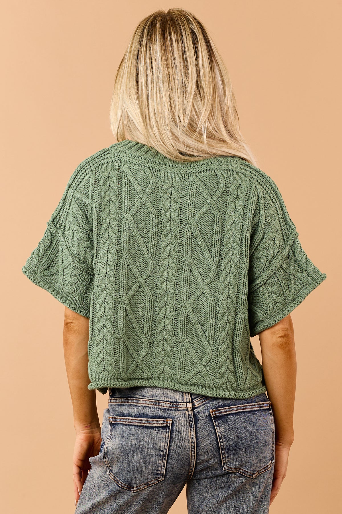 Jade Green Cable Knit Cropped Short Sleeve Sweater