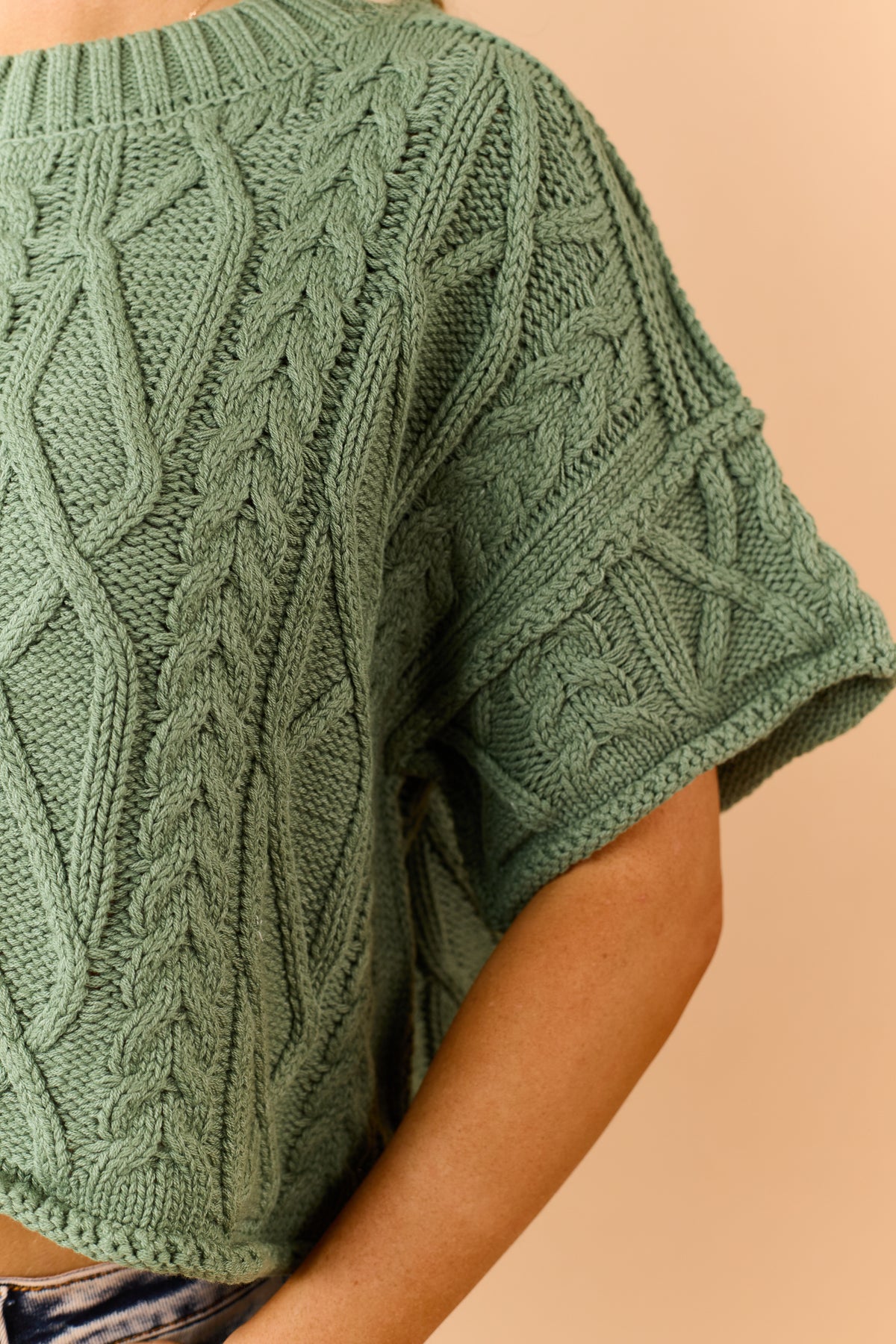 Jade Green Cable Knit Cropped Short Sleeve Sweater