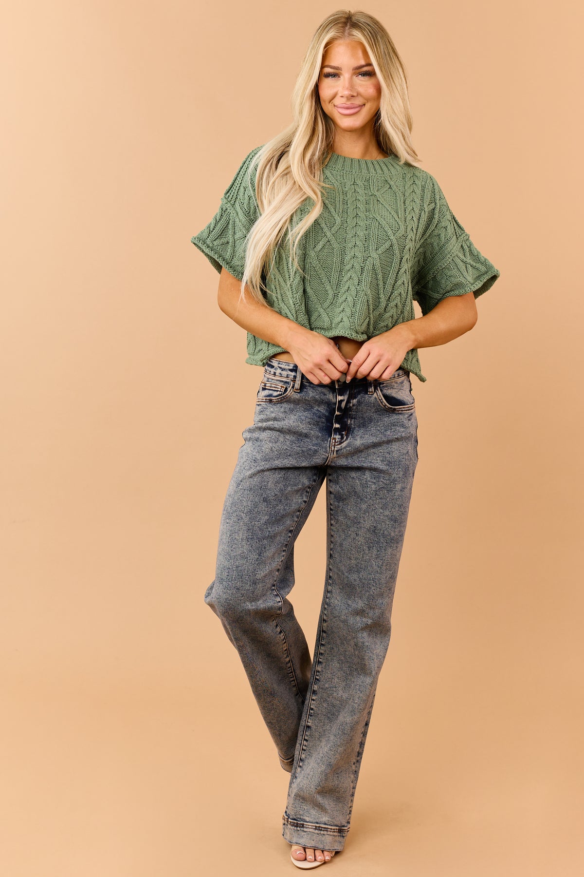 Jade Green Cable Knit Cropped Short Sleeve Sweater