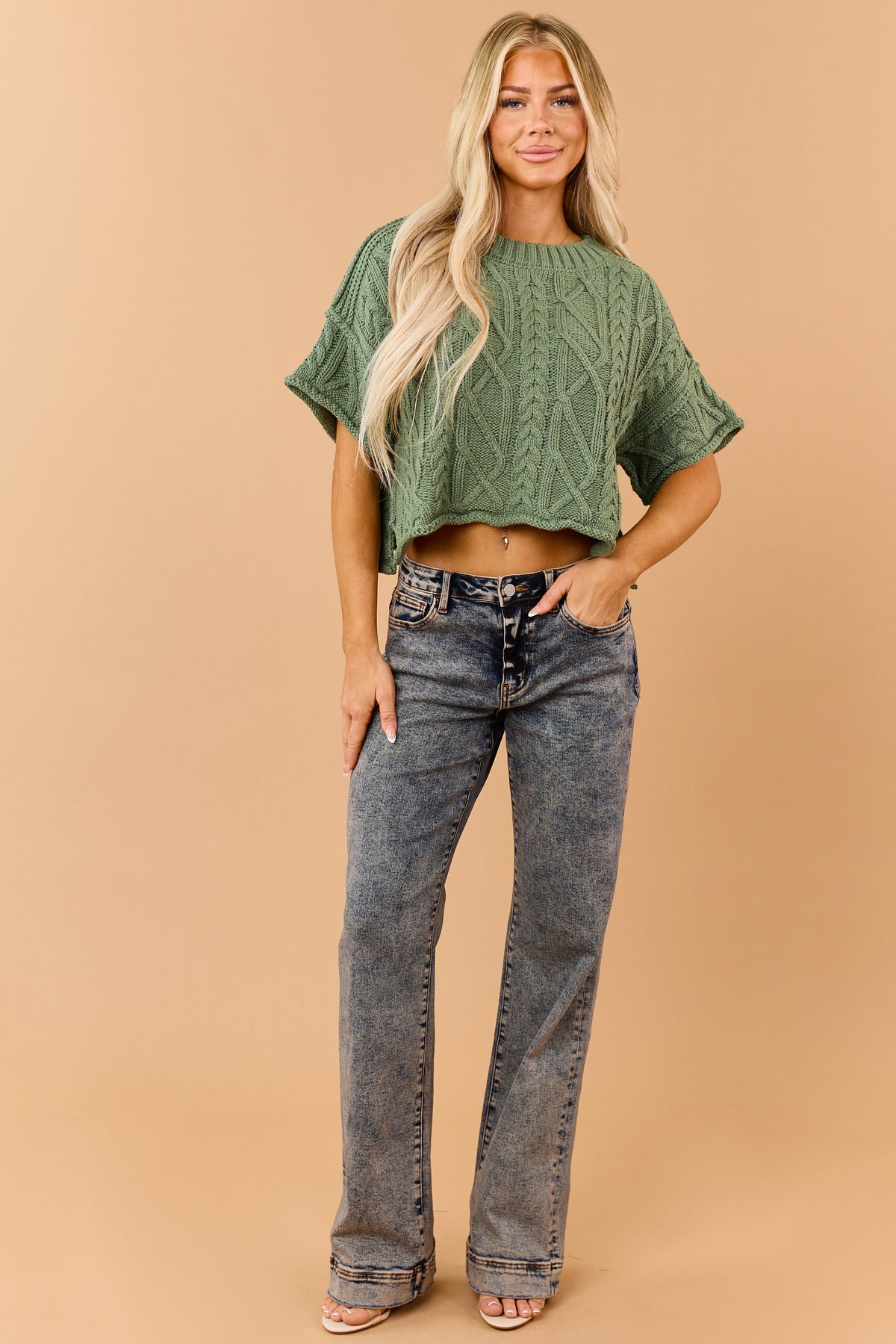 Jade Green Cable Knit Cropped Short Sleeve Sweater