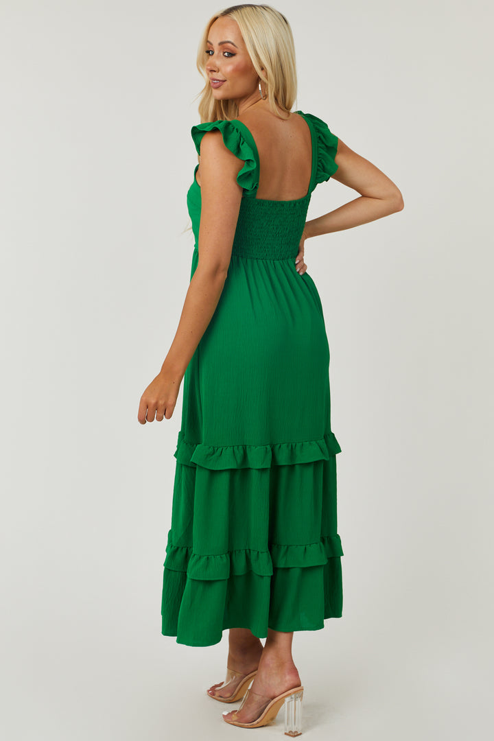 Jade Green Square Neck Ruffle Trim Maxi Dress
