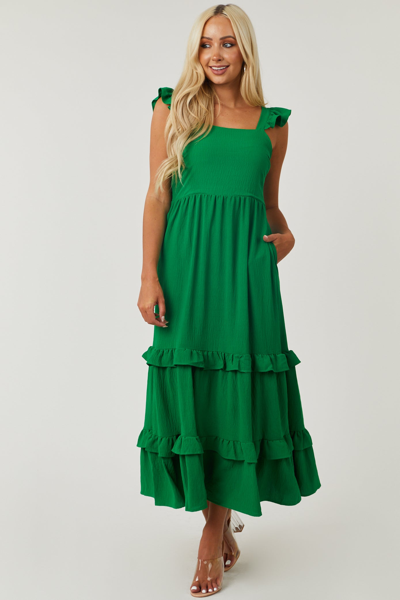 Jade Green Square Neck Ruffle Trim Maxi Dress | Lime Lush