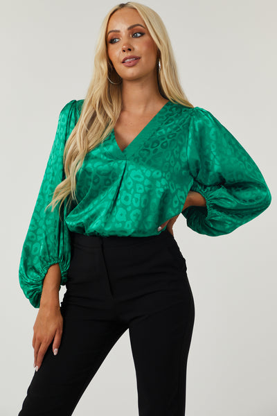 Jade Leopard Jacquard V Neck Satin Blouse