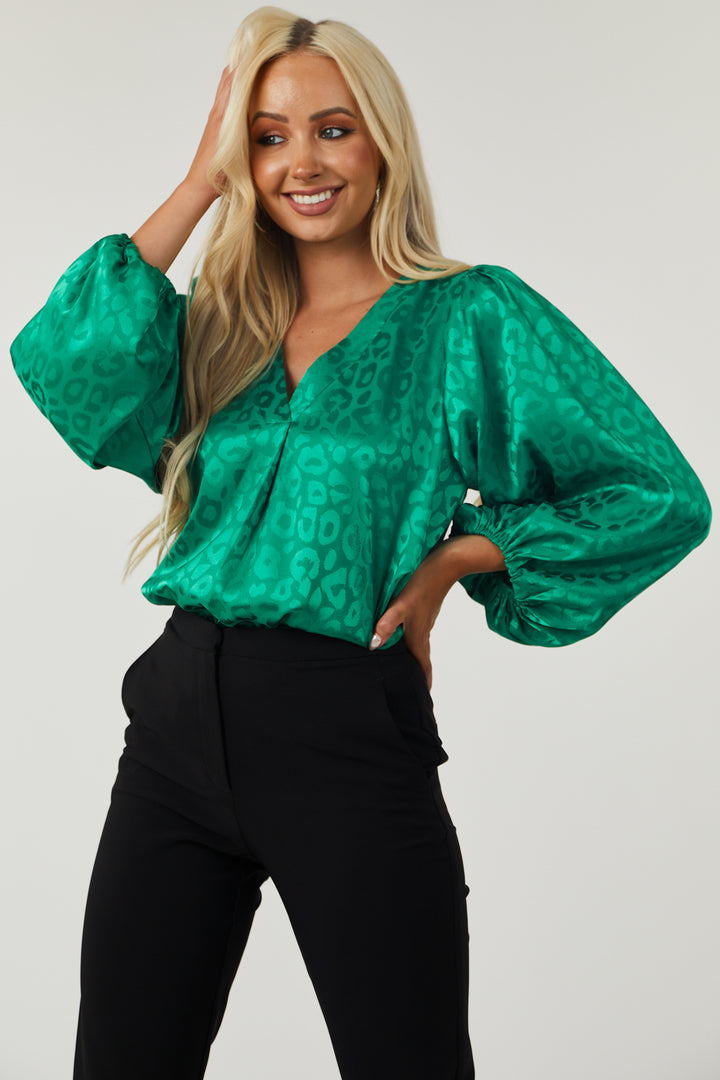 Jade Leopard Jacquard V Neck Satin Blouse