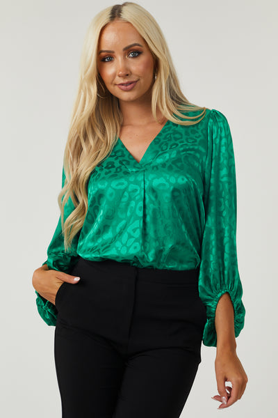 Jade Leopard Jacquard V Neck Satin Blouse