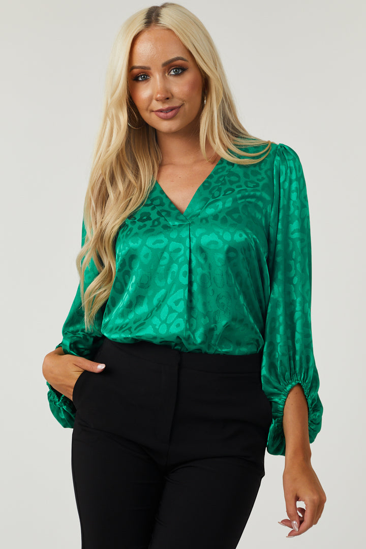 Jade Leopard Jacquard V Neck Satin Blouse