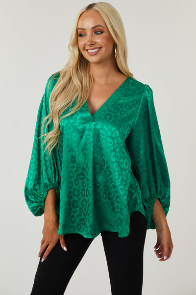 Jade Leopard Jacquard V Neck Satin Blouse