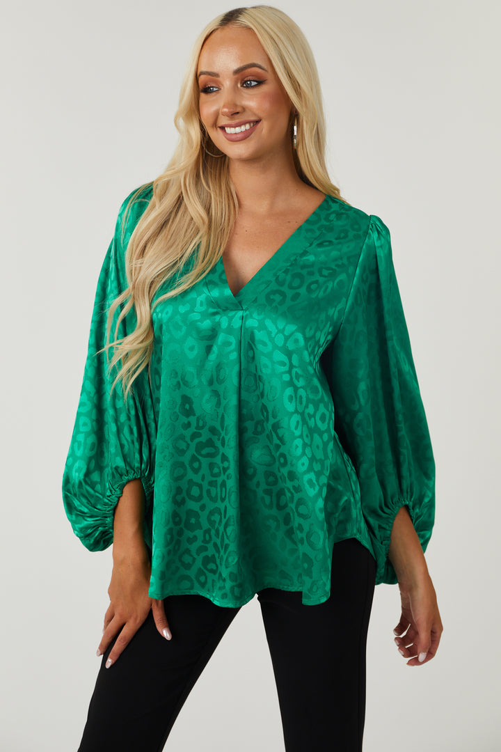 Jade Leopard Jacquard V Neck Satin Blouse