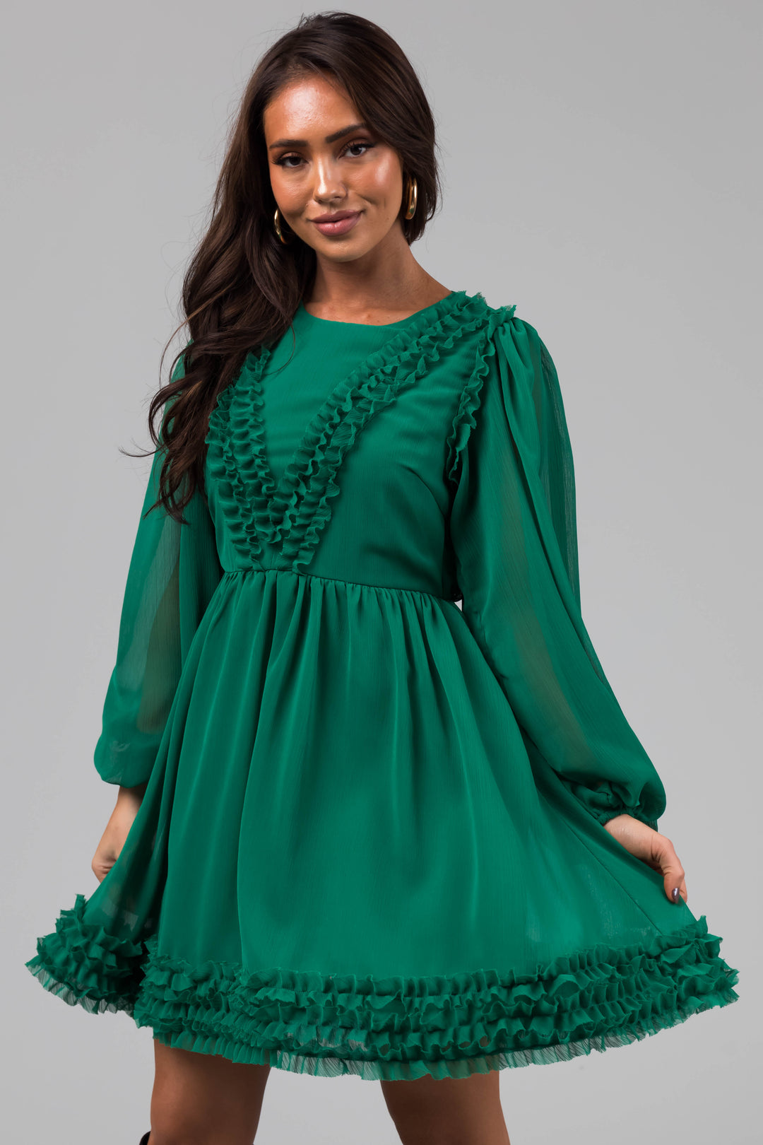 Jade Long Sleeve Ruffle Detail Short Dress & Lime Lush