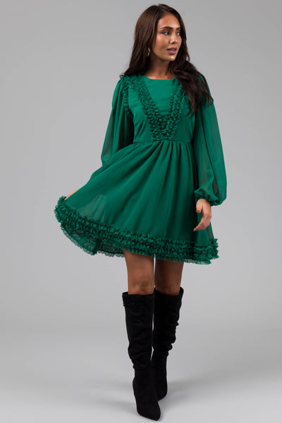 Jade Long Sleeve Ruffle Detail Short Dress