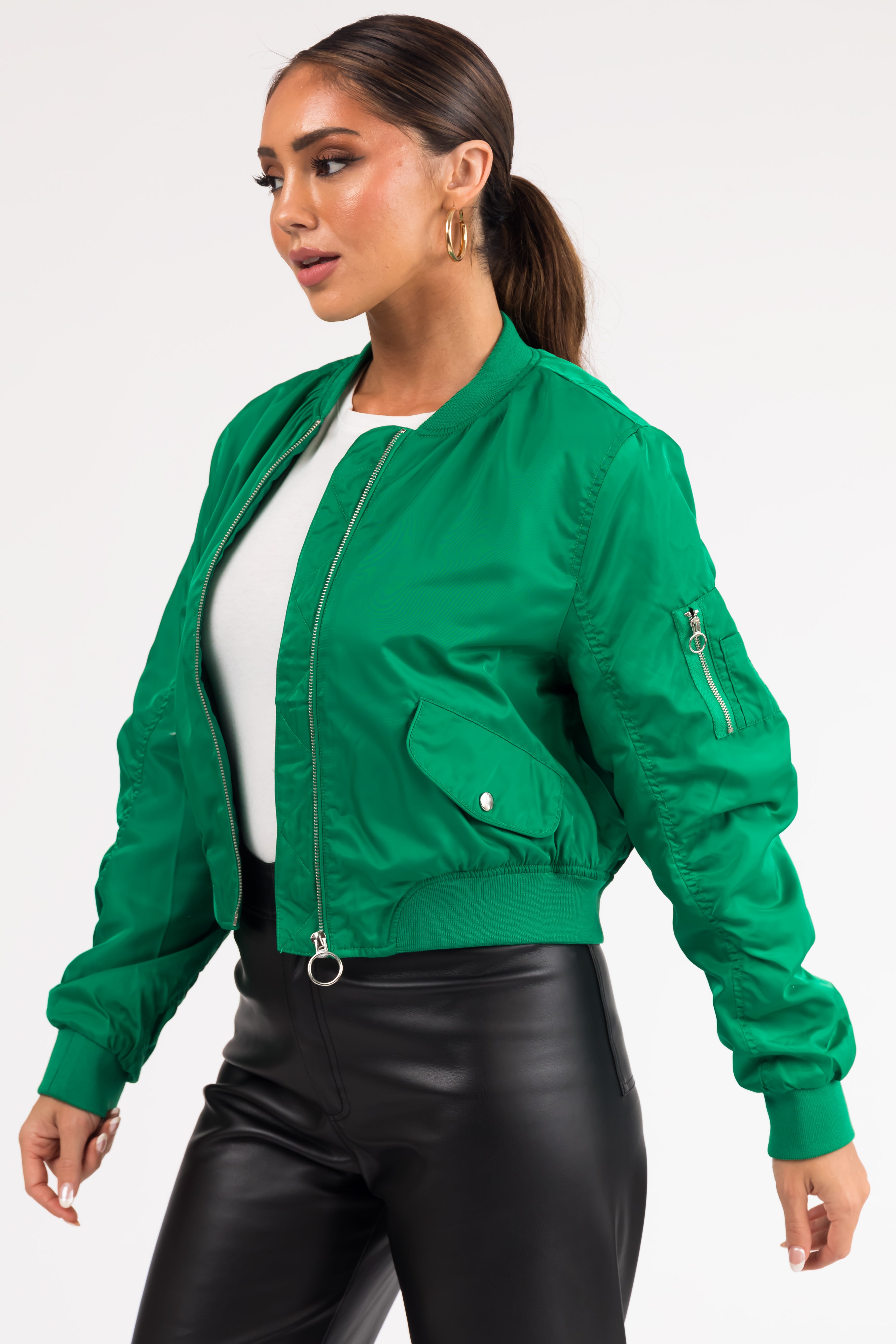 Jade Long Sleeve Zip Up Cropped Bomber Jacket & Lime Lush