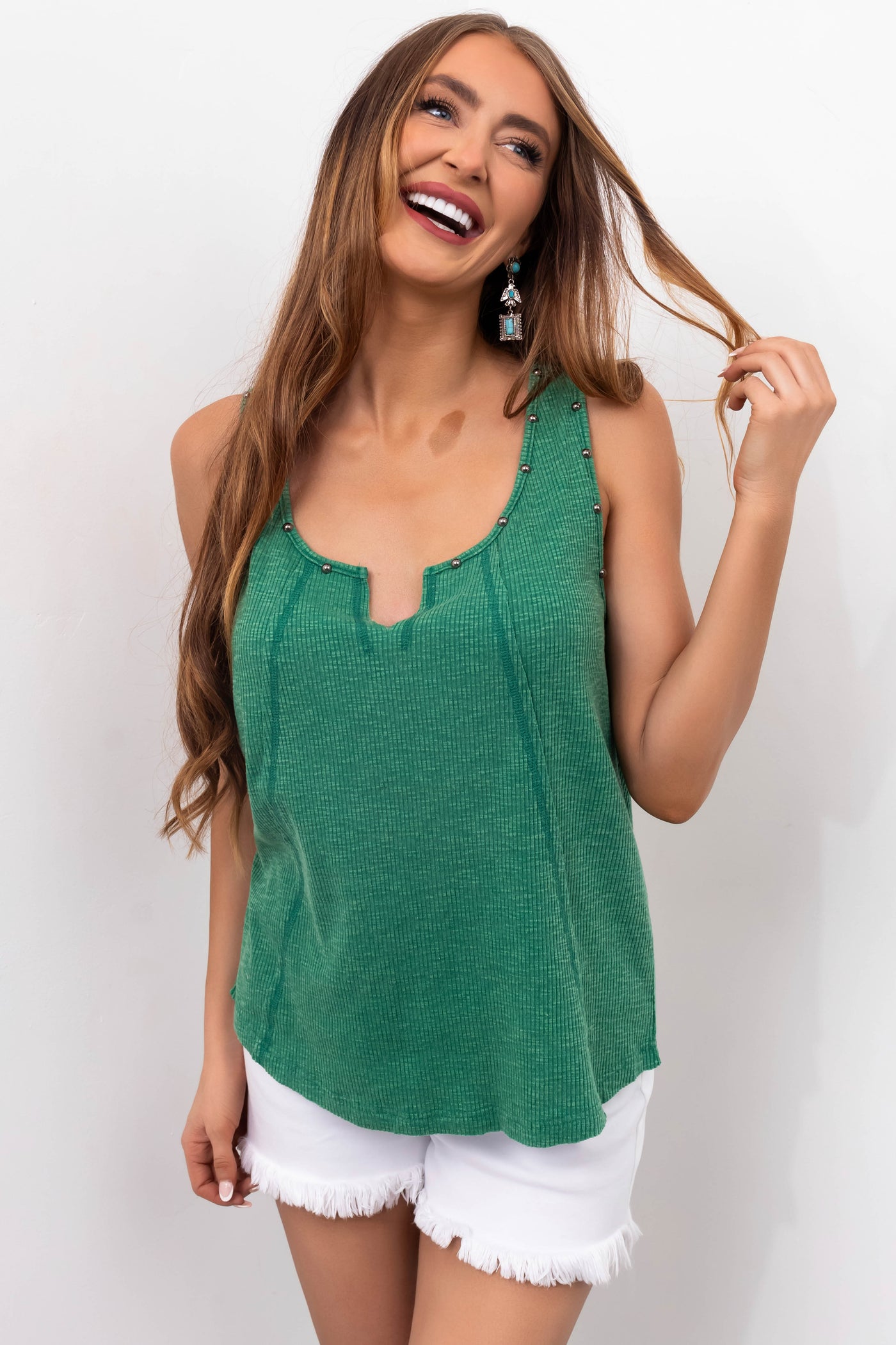 Jade Mineral Washed Studded Detail Tank Top