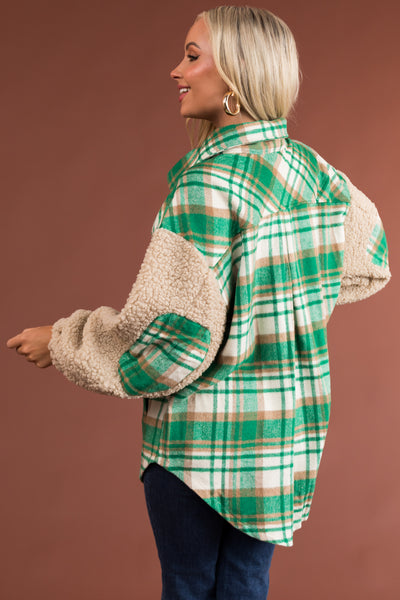 Jade Plaid Shacket with Sherpa Sleeves