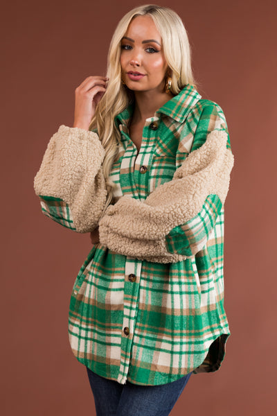 Jade Plaid Shacket with Sherpa Sleeves