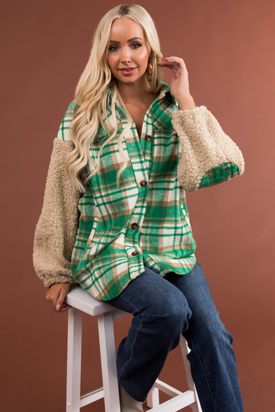 Jade Plaid Shacket with Sherpa Sleeves