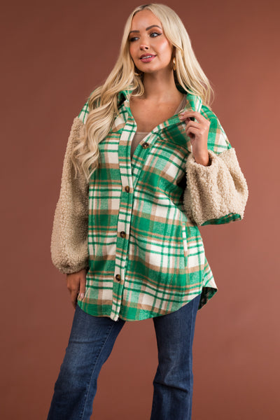 Jade Plaid Shacket with Sherpa Sleeves